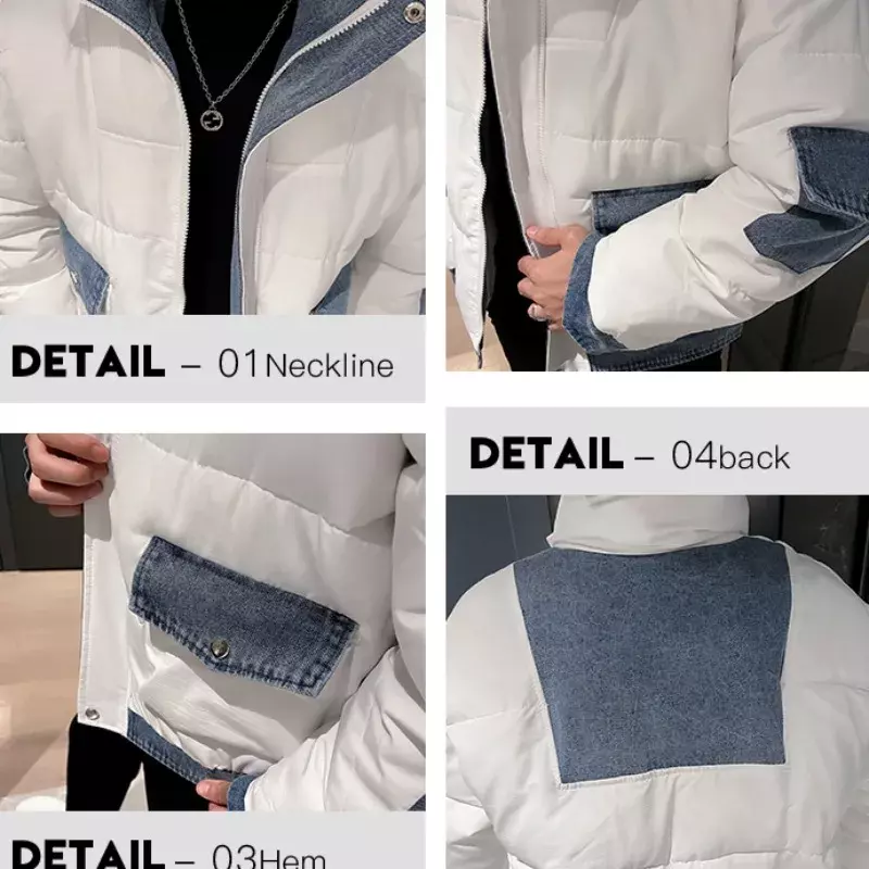 Winter Korean Fashion Contrast Stitching Warm Short Cotton Jacket for Men Stand Collar Windbreaker Jacket Parka Jackets Overcoat