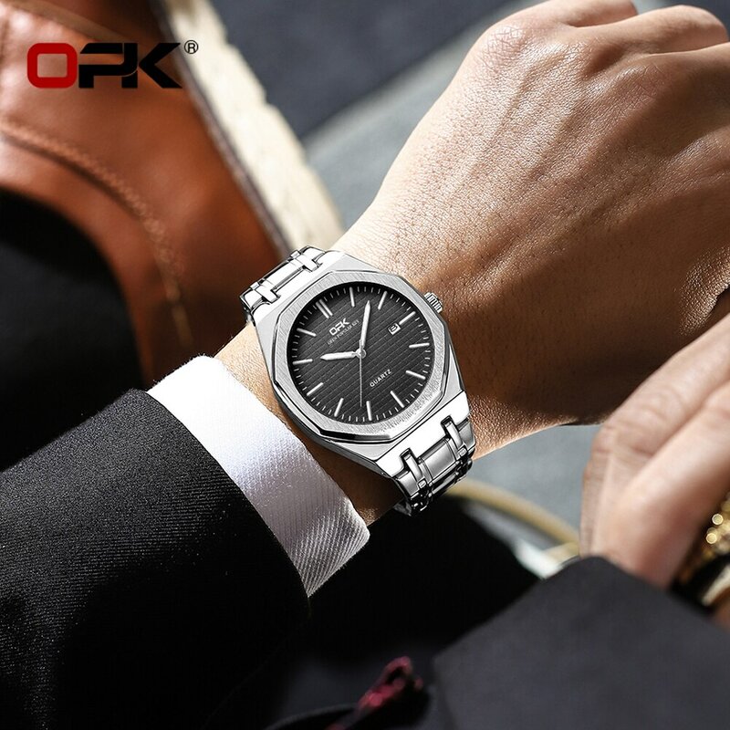 Reloj de marca Opk para hombre, correa de acero inoxidable luminosa a la moda simple y resistente al agua