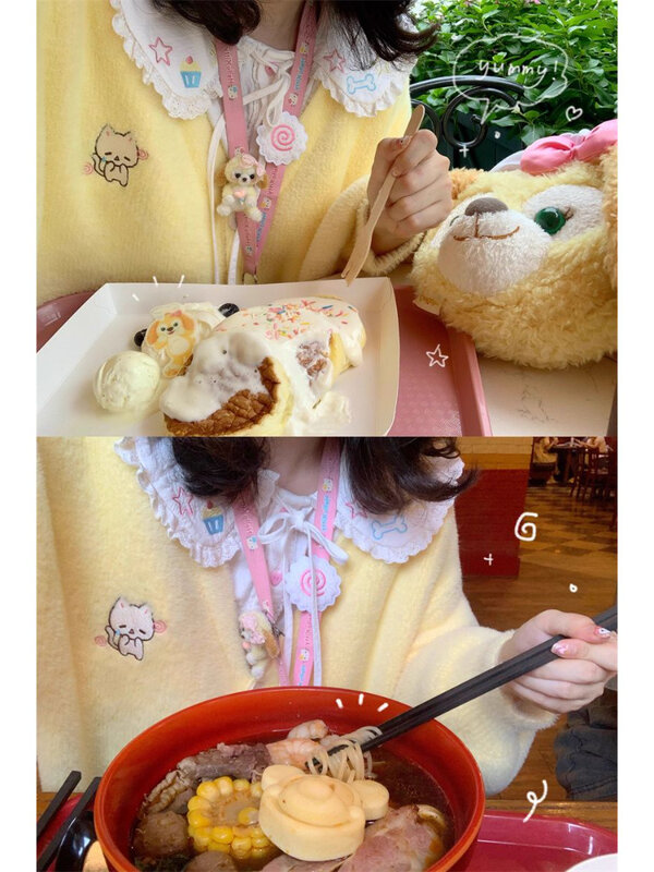 Deeptown Harajuku żółte sweter dziergany kobiety Kawaii uroczy kot haftowany sweter Y2K słodkie luźne bluzki w college'u japońskie