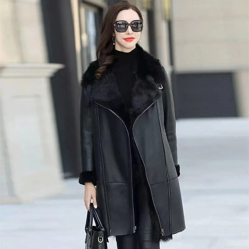 Oversized 6XL Thicken PU leather Jacket Women's 2024 Winter Warm Faux Mink Fur Coat Female Loose Windproof Parka Long Overcoat