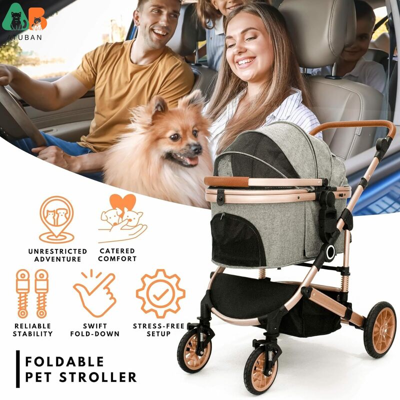 ATUBAN Pet Stroller,Foldable Pet Travel Carrier for Small/Medium Dogs Cats up to 50lbs,Detachble Portable Pet Bag,Storage Basket