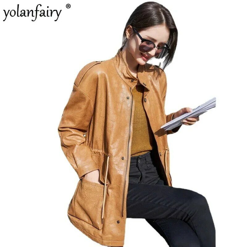 Женская куртка из натуральной кожи, осеннее пальто из натуральной овчины, Женский тренчкот, женское кожаное пальто, Корейская свободная Мода, новинка 2023