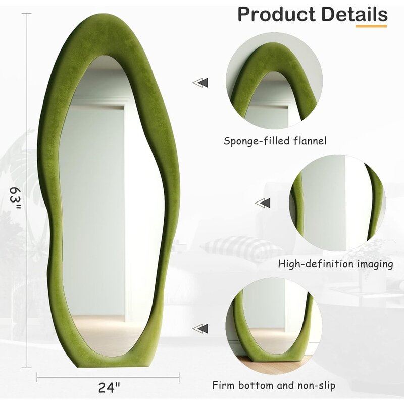 Full Length Mirror,63" x 24" Wall,Flannel Wooden Frame Floor Mirror,Irregular Wavy Hanging Wall for Green Mirrors