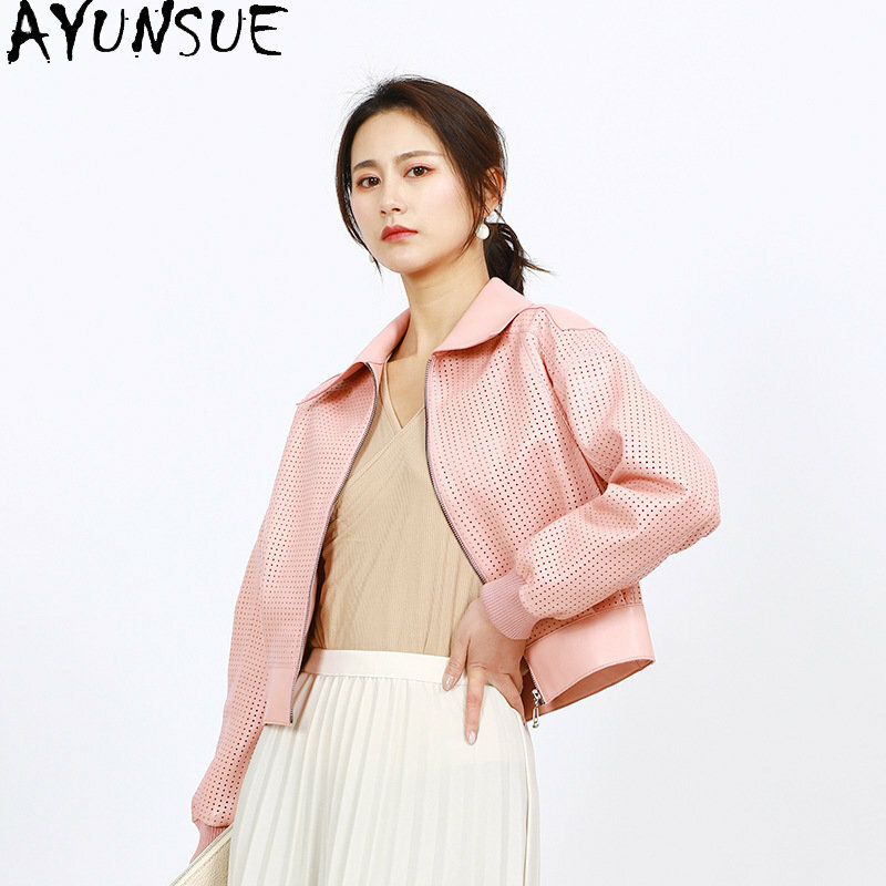 Ayunsue-女性のための本革のジャケット,ピンクのシープスキンジャケット,春のジャケット,透かし彫りの革のコート