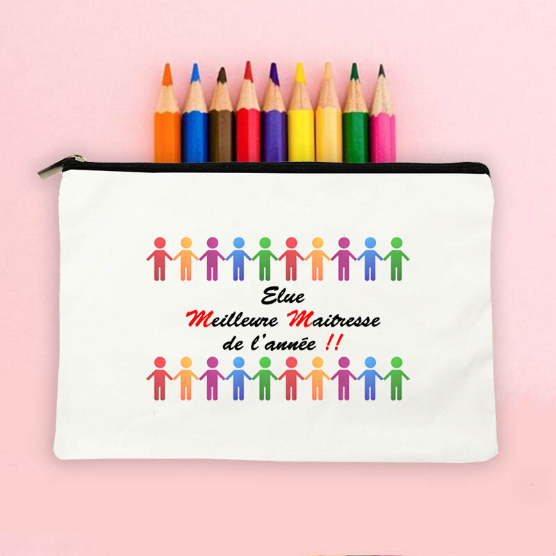 Thanks Teacher French Print Teacher Gifts Pencil Case Large Capacity Travel Wash Pouch School Stationery Supplies Storage Bags