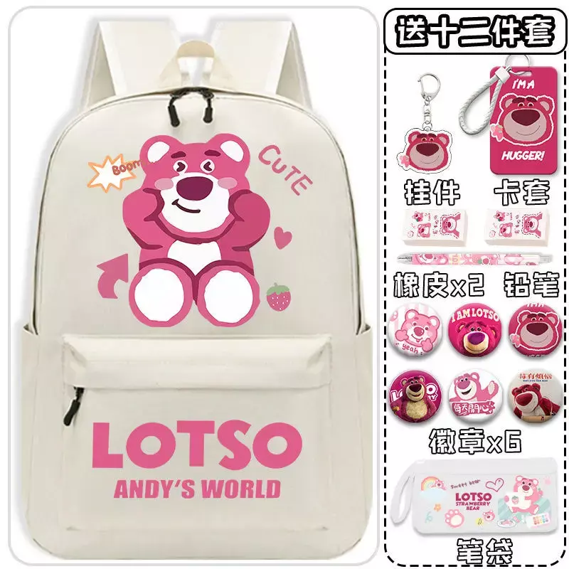 Sanrio Strawberry Bear Schoolbag para homens e mulheres, grande capacidade, simples, leve, mochila de estudante, durável, nova