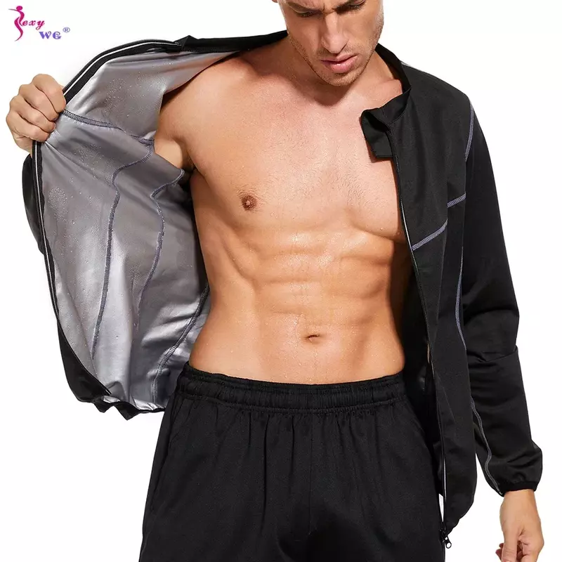 SEXYWG jaket penurunan berat badan pria, Sauna keringat pembentuk tubuh pakaian olahraga termal panas pelangsing lengan panjang kebugaran latihan pembakar lemak