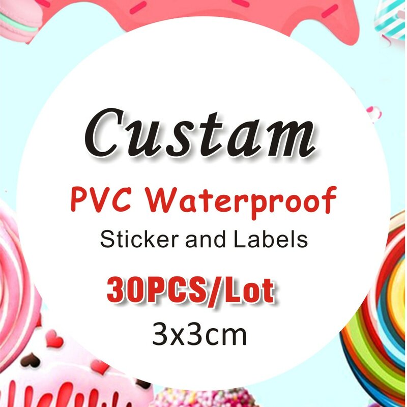 PVC impermeável logotipo personalizado adesivos, caixa de presente adesivo, design personalizado tamanho, casamento, aniversário, 30pcs, 3x3cm