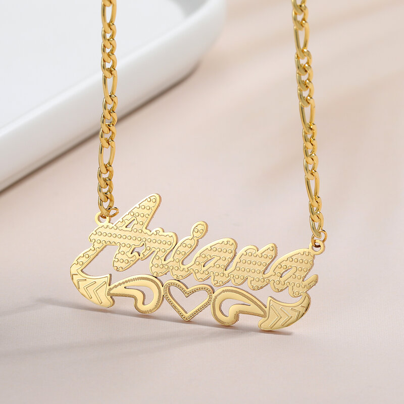 Stainless Steel Customized Heart Name Necklace Figaro Chain Personalized Name Necklace Fashion Women's Jewelry Birthday Gift