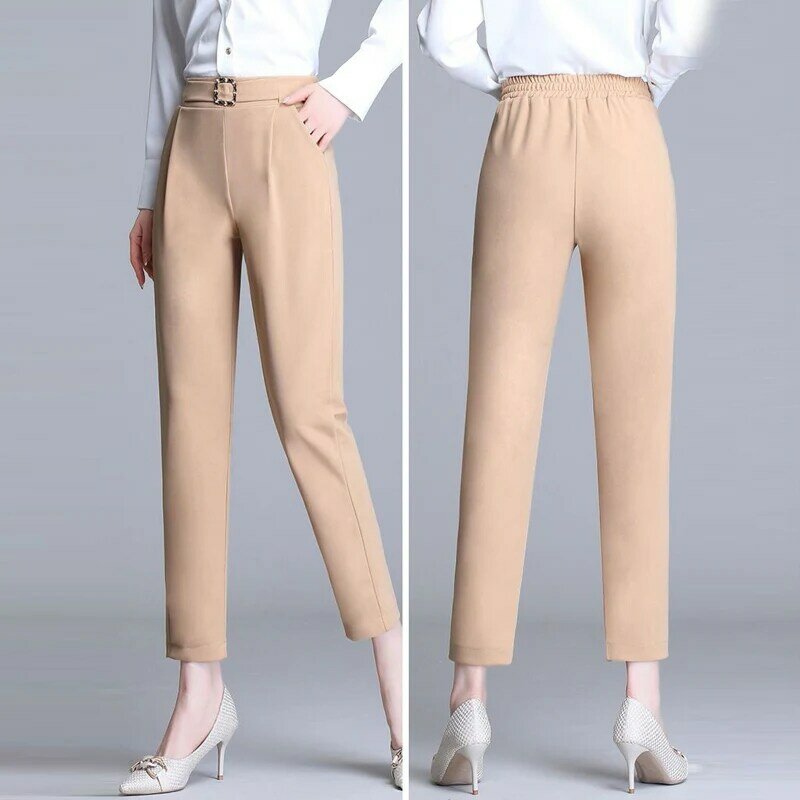 Office Ladies Elegant Fashion Korean Elastic High Waist Trousers Summer Simple White Black Belt Pocket Cropped Harem Pants S-4XL