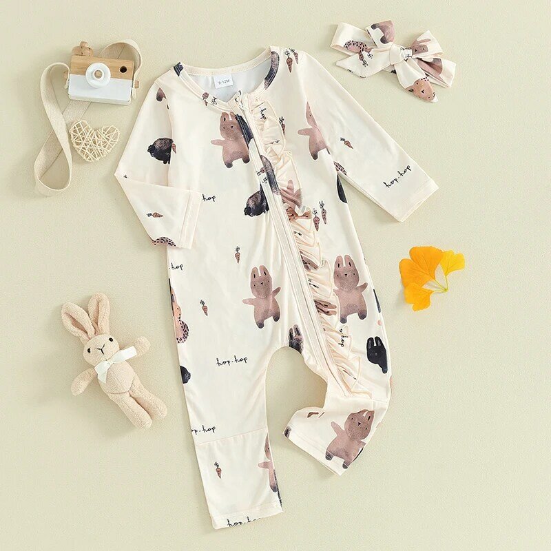 Baby Girl Easter Outfit Long Sleeve Bunny Carrot Romper Jumpsuit Ruffle Zipper  Cute Infant Rabbit Clothes