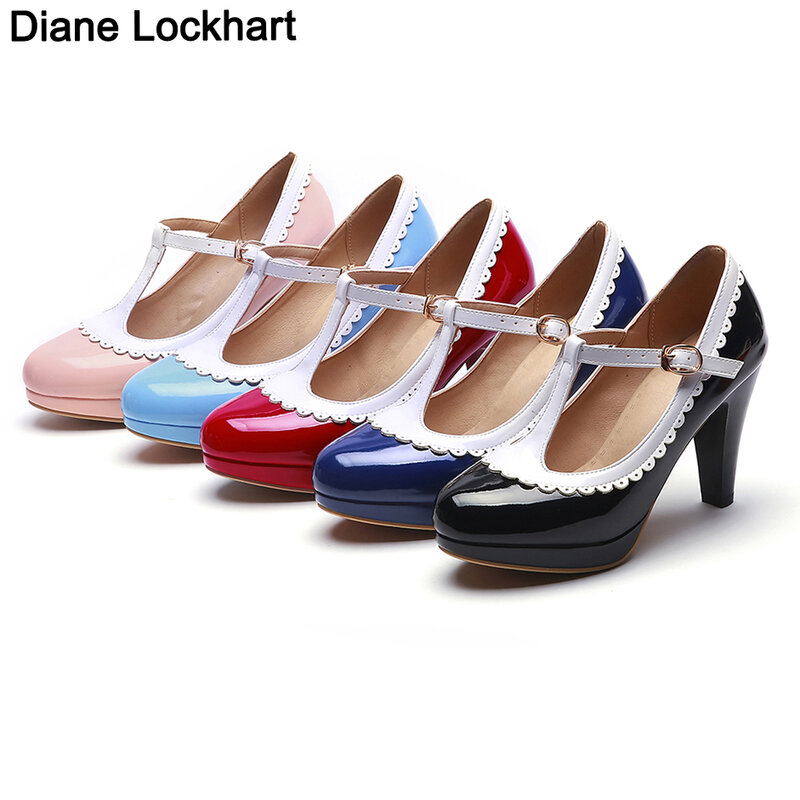 Zapatos Mary Janes Vintage con correa en T para Mujer, zapatos De charol azul, tacones De plataforma, calzado para Mujer