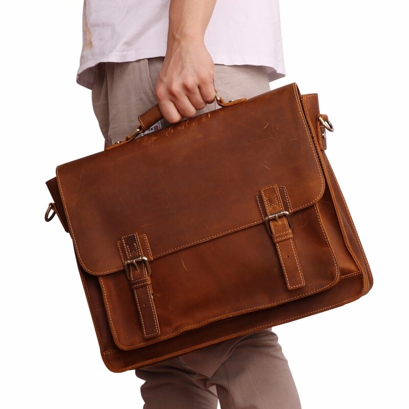 Crazy Horse Genuine Leather Men Briefcase Casual Messenger Laptop Bag Business for Document Shoulder