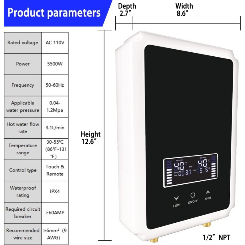 Tankless Water Heater Electric 110v，5.5kw On Demand  Water Heater With Remote Control
