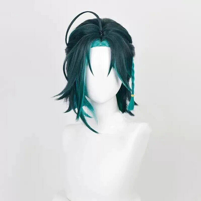 Xiao-Peluca de Cosplay de Genshin Impact, pelo sintético trenzado corto, verde mezclado, resistente al calor, juego de Anime, novedad