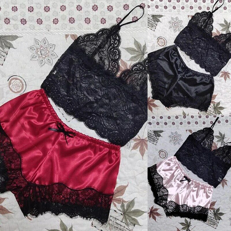 1Set Womens Lace Sleepwear Lingerie Tops Shorts Set Babydoll Pajamas Nightwear S/M/L/XL/2XL/3XL