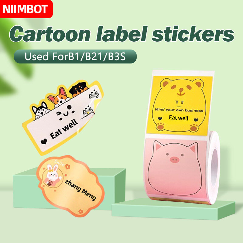 NiiMbot B1/B21/B3S stiker nama kartun hewan lucu rumah tangga tahan air kertas catatan Printer kertas termal