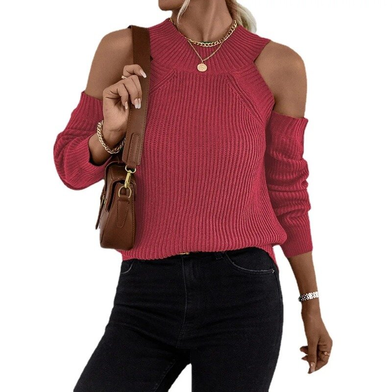 Женский пуловер с открытыми плечами, круглым вырезом и длинным рукавом