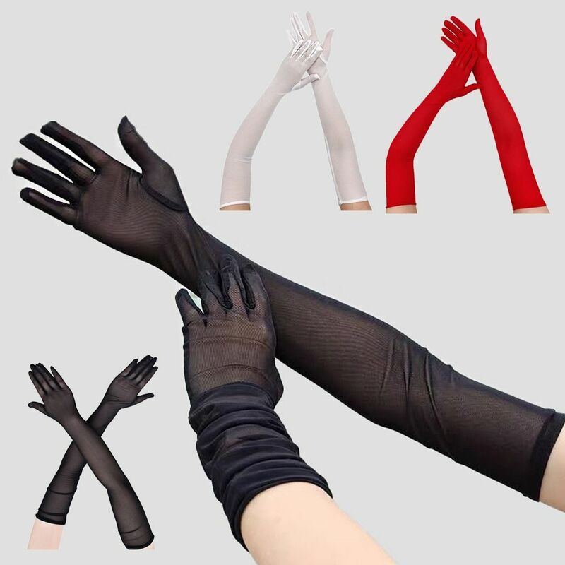 Сетчатые прозрачные перчатки, эластичные бесшовные длинные перчатки и варежки, защита от солнца, 55 см, летние тонкие перчатки для женщин