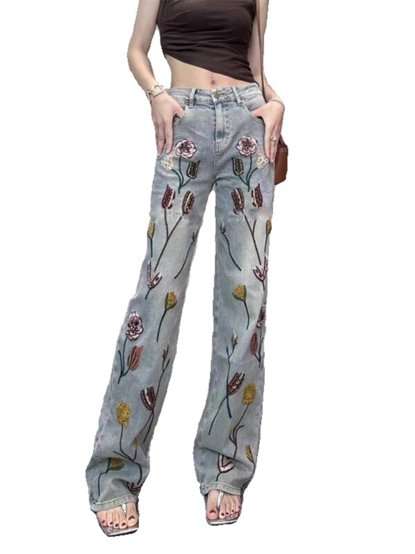 Donna 2024 primavera estate nuovi Jeans moda ricamo fiore Versatile dritto straccio pantaloni a gamba larga tasca pantaloni in Denim
