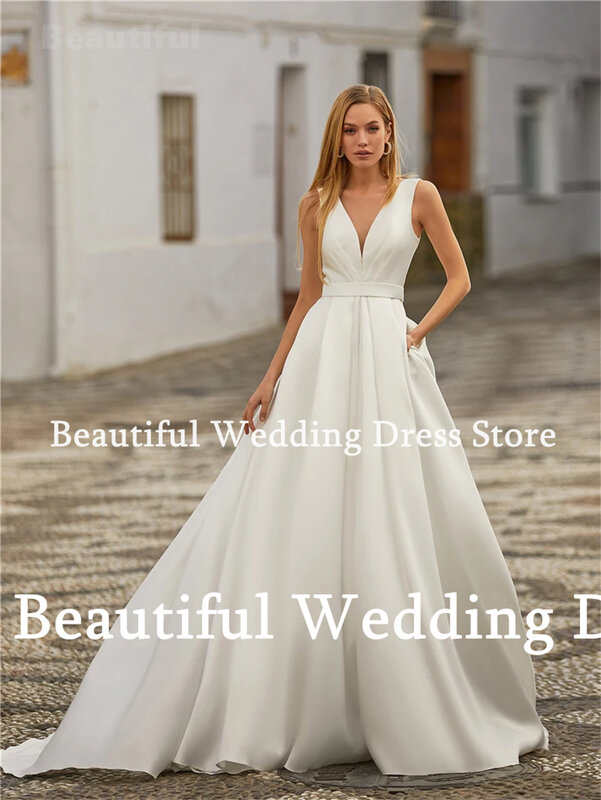 Neues einfaches Hochzeits kleid weiß schlichtes Satin a-Linie mit Taschen boden langes Sweep Train Brautkleid 2024 vestidos de novia