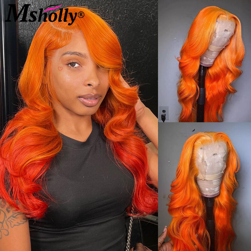 Ombre imbir pomarańczowy peruka Body Wave ludzkie włosy bezklejowe kolorowe peruki z ludzkich włosów 13x6 wstępnie oskubane przezroczyste peruki typu Lace front HD