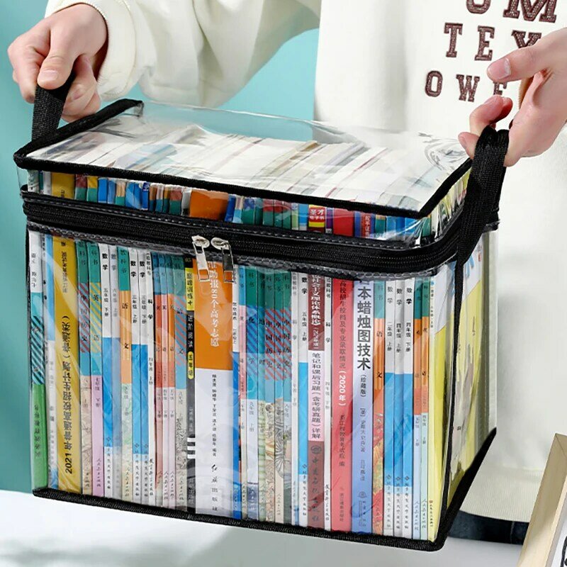 Tas penyimpanan buku transparan, wadah koleksi buku dapat ditumpuk dengan pegangan ritsleting pengatur tahan debu