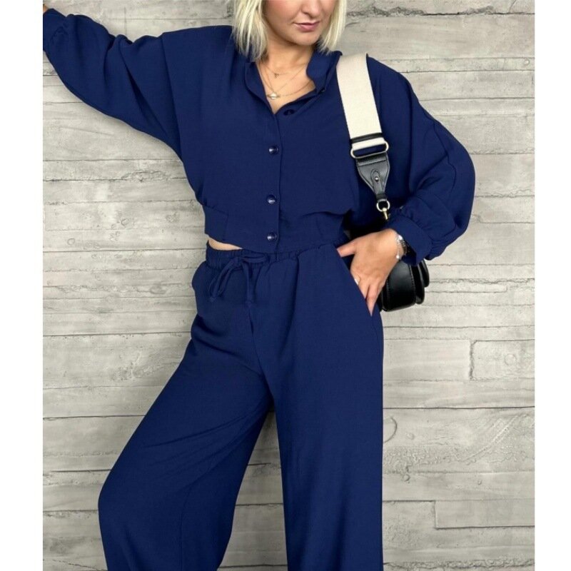 용수철 여성용 투피스 세트, 단색 헐렁한 상의 및 레이스업 와이드 레그 팬츠 세트, 긴팔 셔츠, 여성 의상