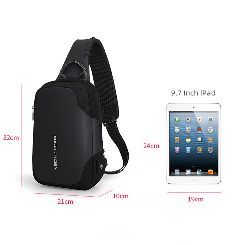 Saco impermeável peito ombro, carregamento USB, Casual Crossbody Bag, Multi funcional