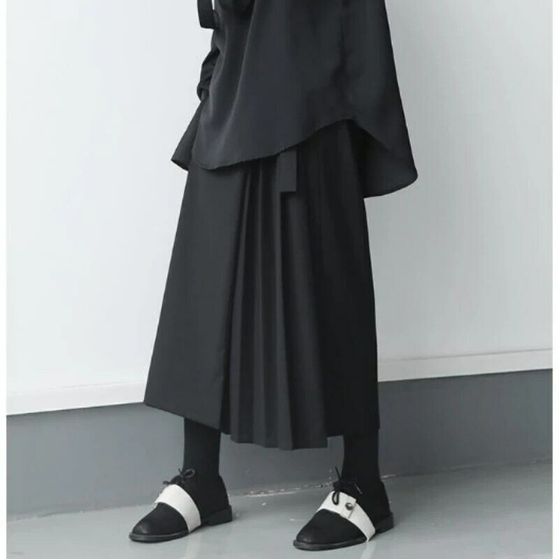 ديبتاون-بنطال تنورة سوداء مطوي قوطي للنساء ، بنطال فضفاض كلاسيكي ، بنطلون هاراجوكو مرقع ، ملابس الشارع اليابانية Y2K ، نمط الساق الواسعة
