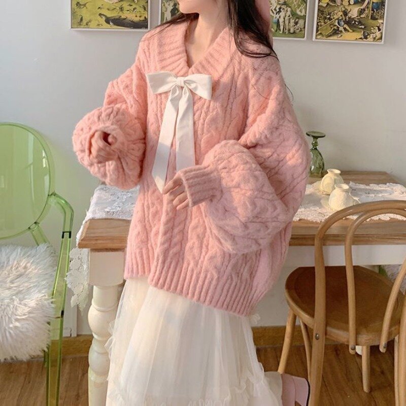 Pullover wanita leher V nyaman manis musim dingin lengan lentera putri santai lembut gaya Korea murni Chic dirancang Harajuku populer