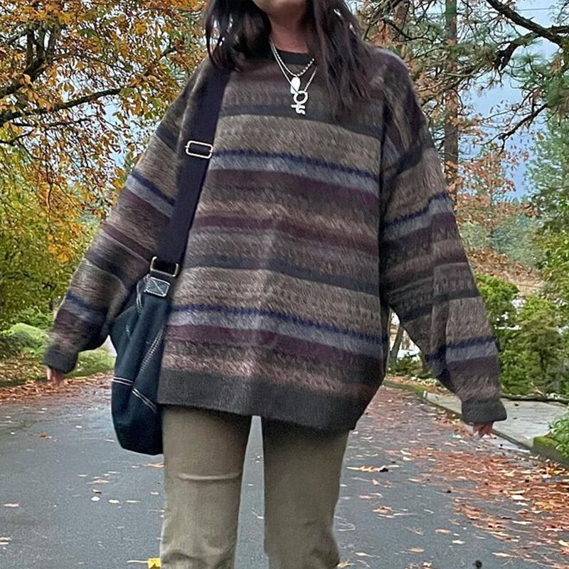 Suéter de punto a rayas Retro Grunge Preppy, suéteres de manga larga con cuello redondo, suéteres de abuelo de estética Y2K Vintage Fairycore, otoño