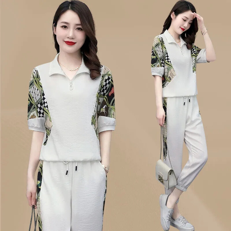 Fashion Printing Sports Set Women's Summer 2024 New Korean Loose Temperament Casual Short Sleeves + Pants Female Two Piece Set