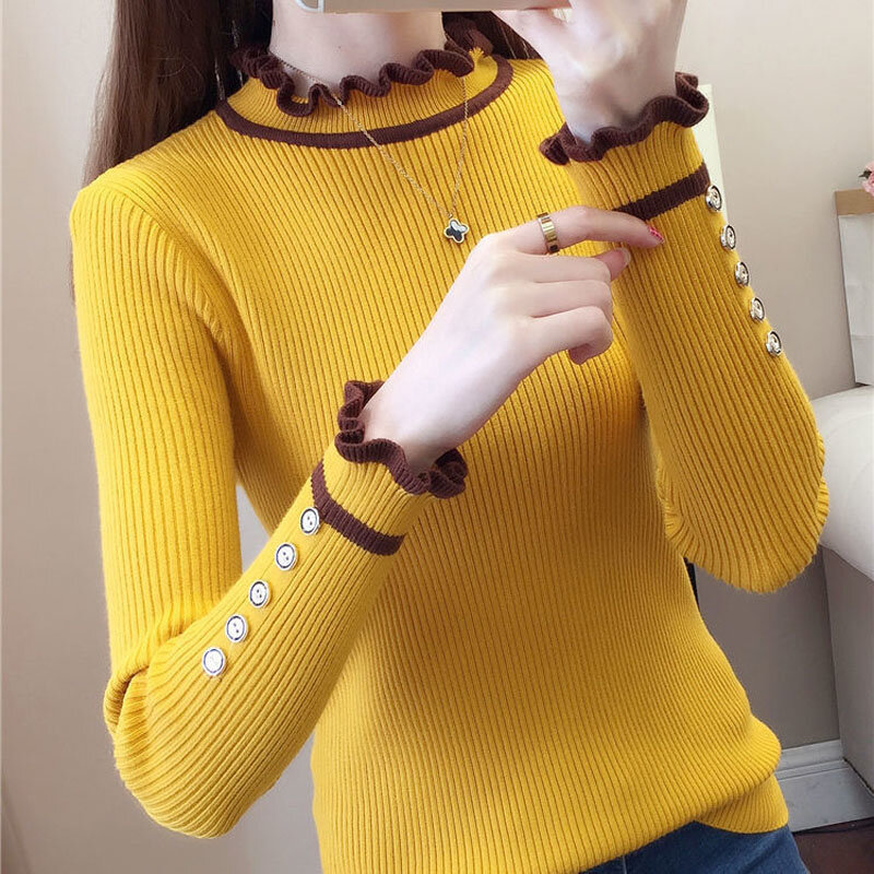 Dopasowany modny guzik łączone swetry damskie jesienno-zimowe nowe zabytkowe jednokolorowe półgolf z dzianiny z falbaną