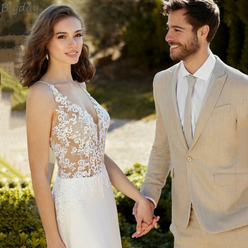 Elegant V-Neck Mermaid Wedding Dress Women 2024 Open Back Lace Applique Soft Satin Spaghetti Strap Bridal Gown Vestidos De Novia