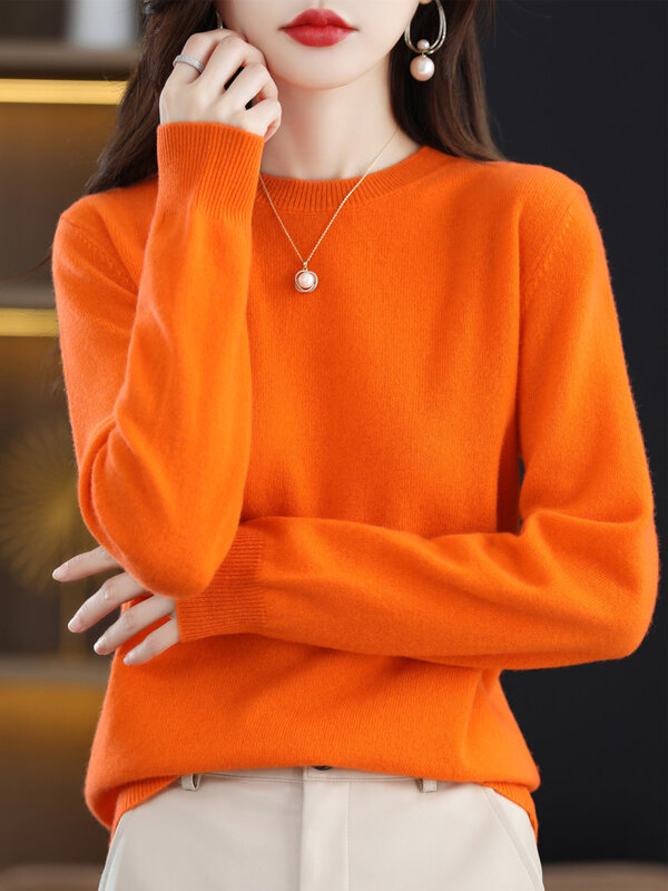 Aliselect-suéter de lana merina para mujer, jersey de cuello redondo de alta calidad, cálido, suave, básico, Tops sólidos, Primavera, otoño e invierno, 100%