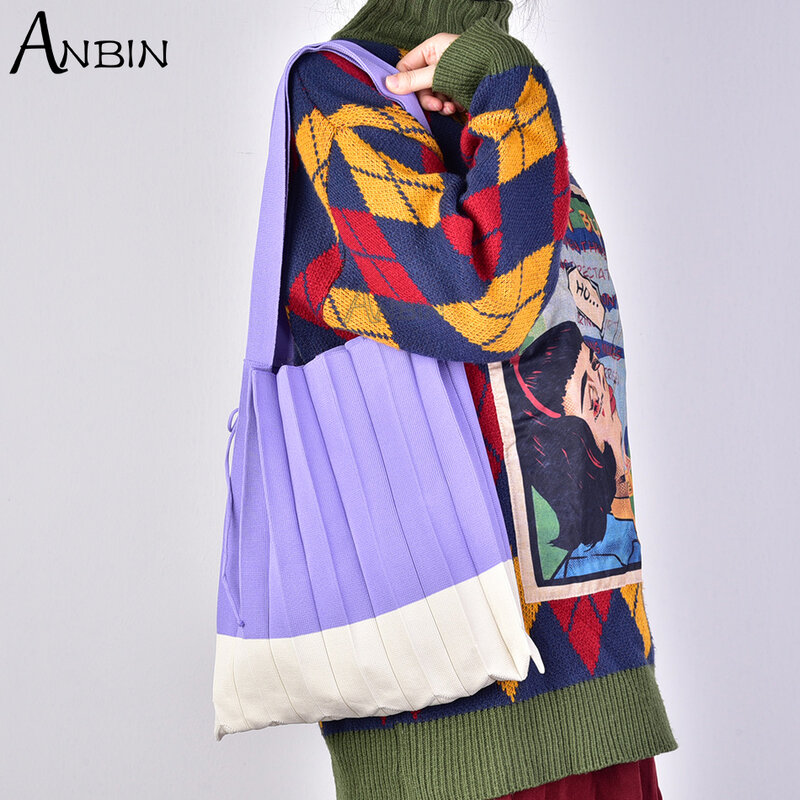 Kobiece wełniane dzianiny plisy Tote rozkładana teczka projektant Chic szwy kontrast koreański moda na ramię torba na zakupy dla kobiet