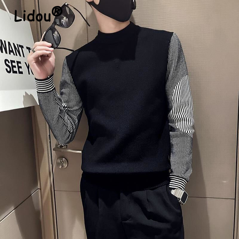 2022 Autumn Winter New Men's Fashion Korean Long Sleeve Striped Patchwork Knitted Sweater Business Casual Knitwear Pullover Tops