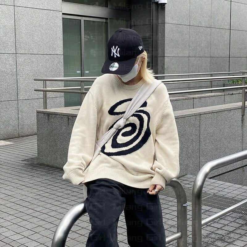 Suéteres de punto Harajuku para hombre y mujer, ropa de calle Unisex con rayas creativas, cuello redondo