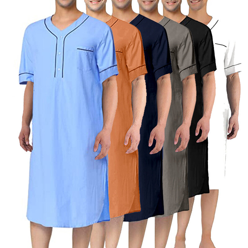 قميص نوم رقيق بأكمام قصيرة للرجال ، ملابس منزلية إسلامية ، لون سادة ، فضفاض ، قفطان المملكة العربية السعودية ، رداء نوم عباية منزلي ، صيف