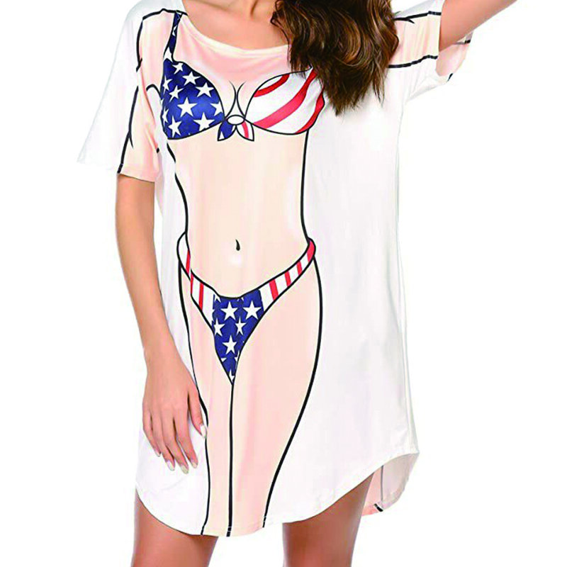 Frauen Bikini-Shirt vertuschen Strand Vertuschung kleider Kurzarm niedlichen Bikini-Druck Spaß tragen Baggy Bade bekleidung lässig T-Shirt Kleid