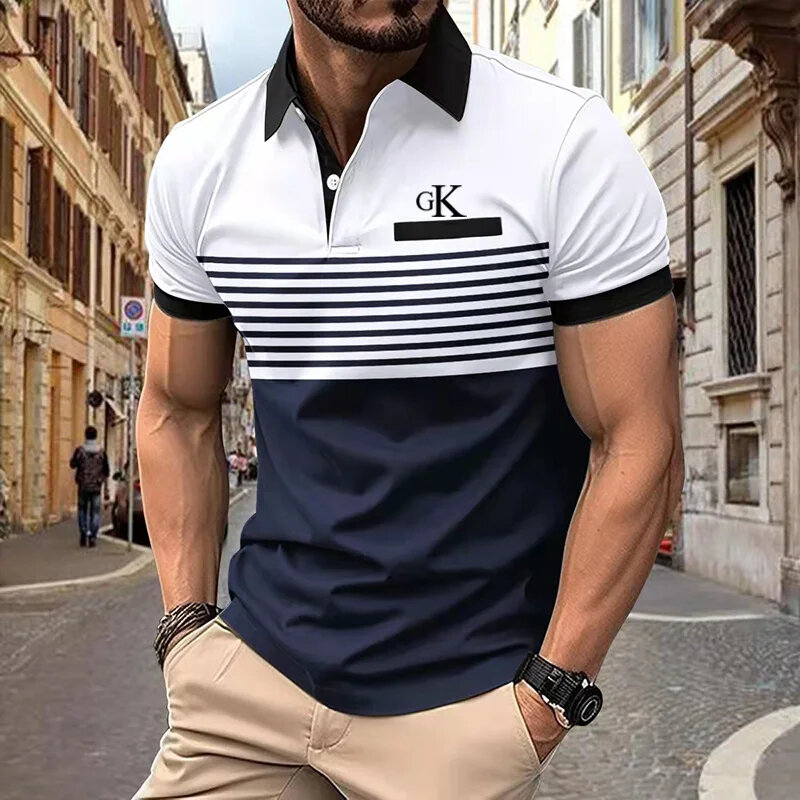 Funny Stripe Letter Print Polo T Shirt For Men Fashion Lapel Button Blouse Hip Hop Trend Streetwear Summer New Short Sleeve Tops