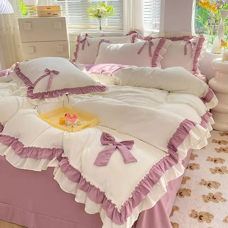 Girl's Washed Cotton Lace Sheet and Quilt Set, Princess Style Bedding, 4-Piece
