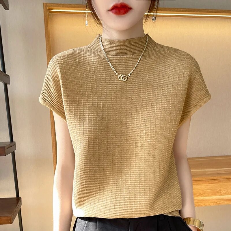 Spring Summer New Pullover Knitwear Women Short Sleeved Thin Solid Color Fashion T-Shirt Versatile Knitted Sweater Female Top