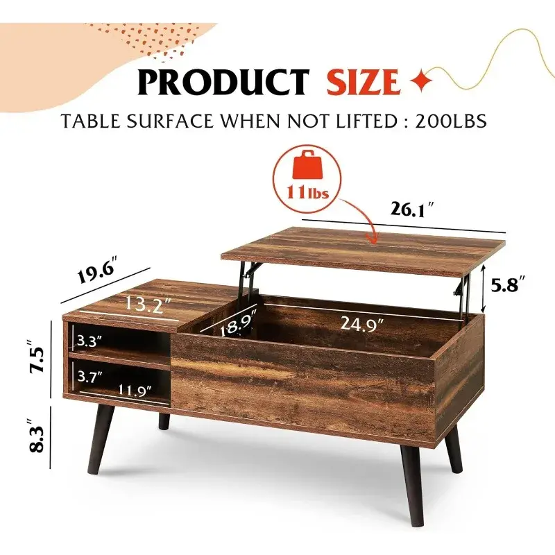 WLIVE-Table basse élévatrice en bois avec compartiment GNE et étagère de rangement réglable, table à manger