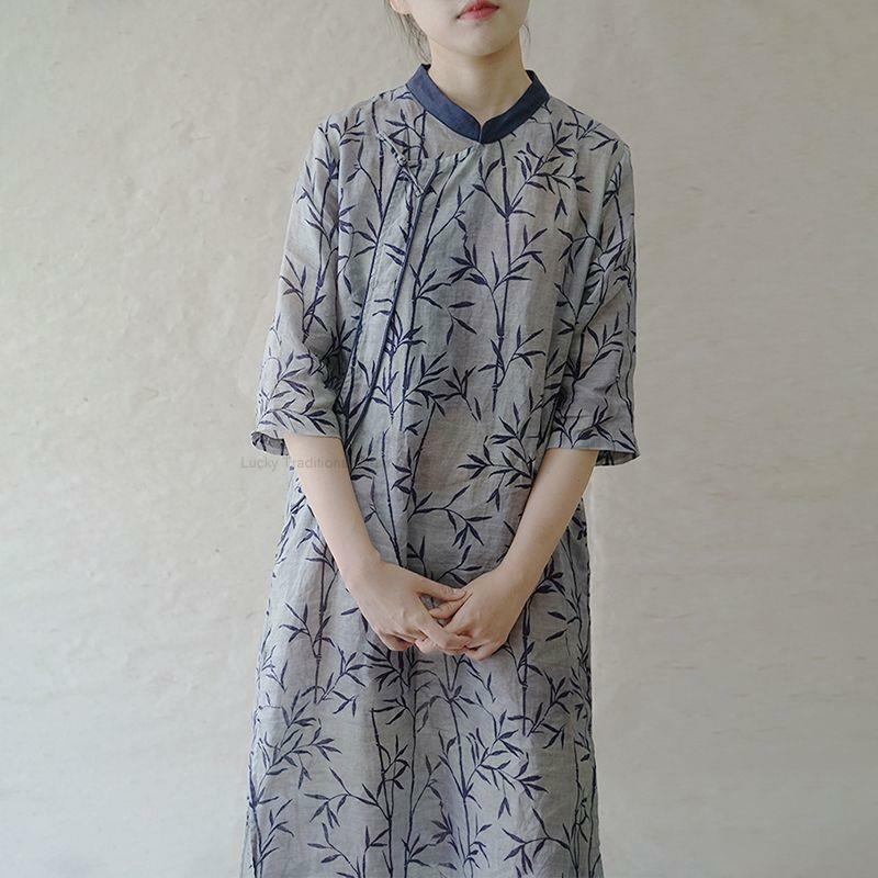فستان شيونغسام الصيني التقليدي فستان مطبوع من القطن والكتان فستان نسائي مطبوع عليه زهور فستان أزرق على شكل حرف a شيونغسام