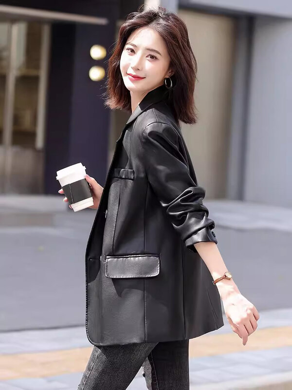 New Women Spring Autumn Leather Jacket Elegant Fashion Suit Collar Loose Sheepskin Blazer Office Lady Coat Split Leather