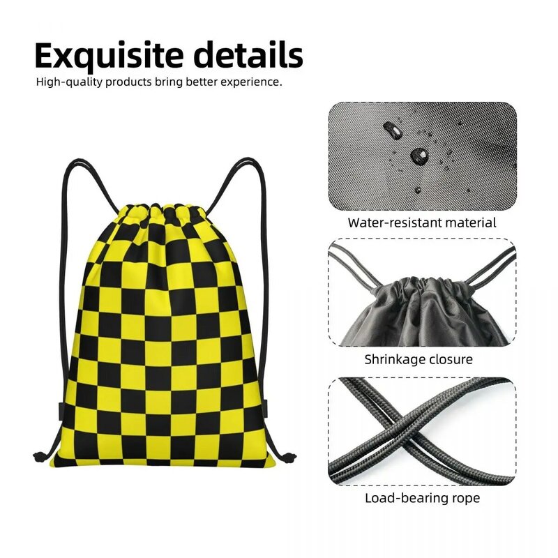 Custom Yellow Black Checkered Pattern Drawstring Bag Women Men Lightweight Sports Gym Storage Backpack