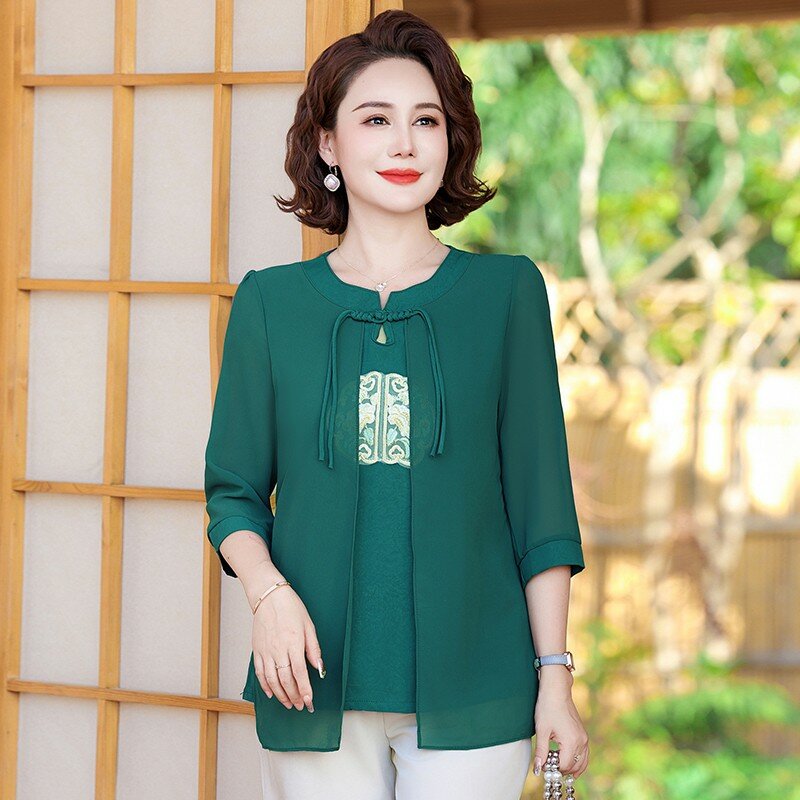 Women Spring Summer Style Chiffon Blouses Shirts Lady Fake Two Pieces Casual Half Sleeve O-Neck Chiffon Blusas Tops