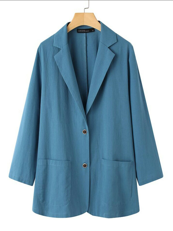 ZANZEA-Blazer de manga larga con cuello de solapa para mujer, chaqueta informal de algodón sólido, cárdigan elegante, abrigos finos, trajes de trabajo, otoño